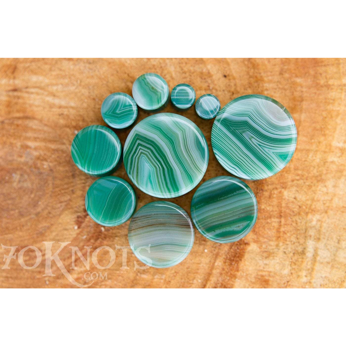 Green Striped Agate Plugs, Double Flared Pair, Organic Plugs | 70