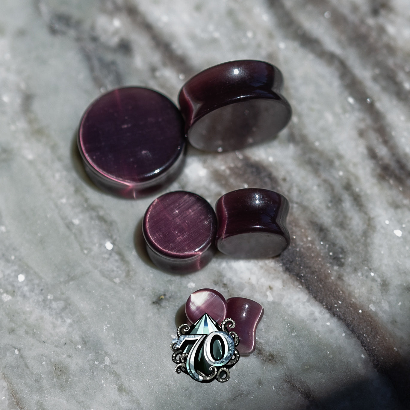 Lilac Purple Cat Eye Plugs, Double Flared Pair Glass Plugs for Stretched Ears 70 Knot