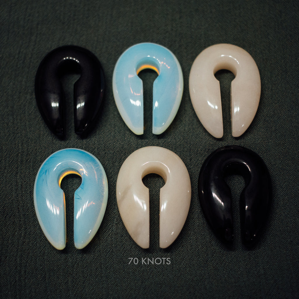 70 Knots Hangers - Black Obsidian Stone, White Jade Stone or Opalite Glass Ear Weights - One Size - 70 Knots