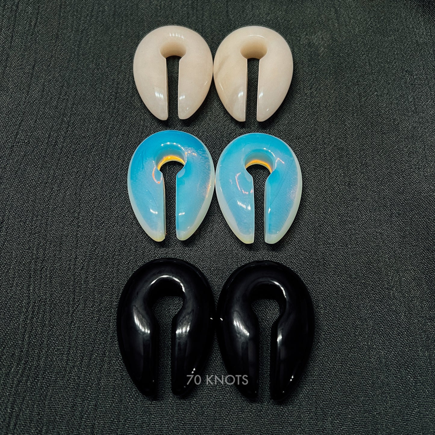 70 Knots Hangers - Black Obsidian Stone, White Jade Stone or Opalite Glass Ear Weights - One Size - 70 Knots