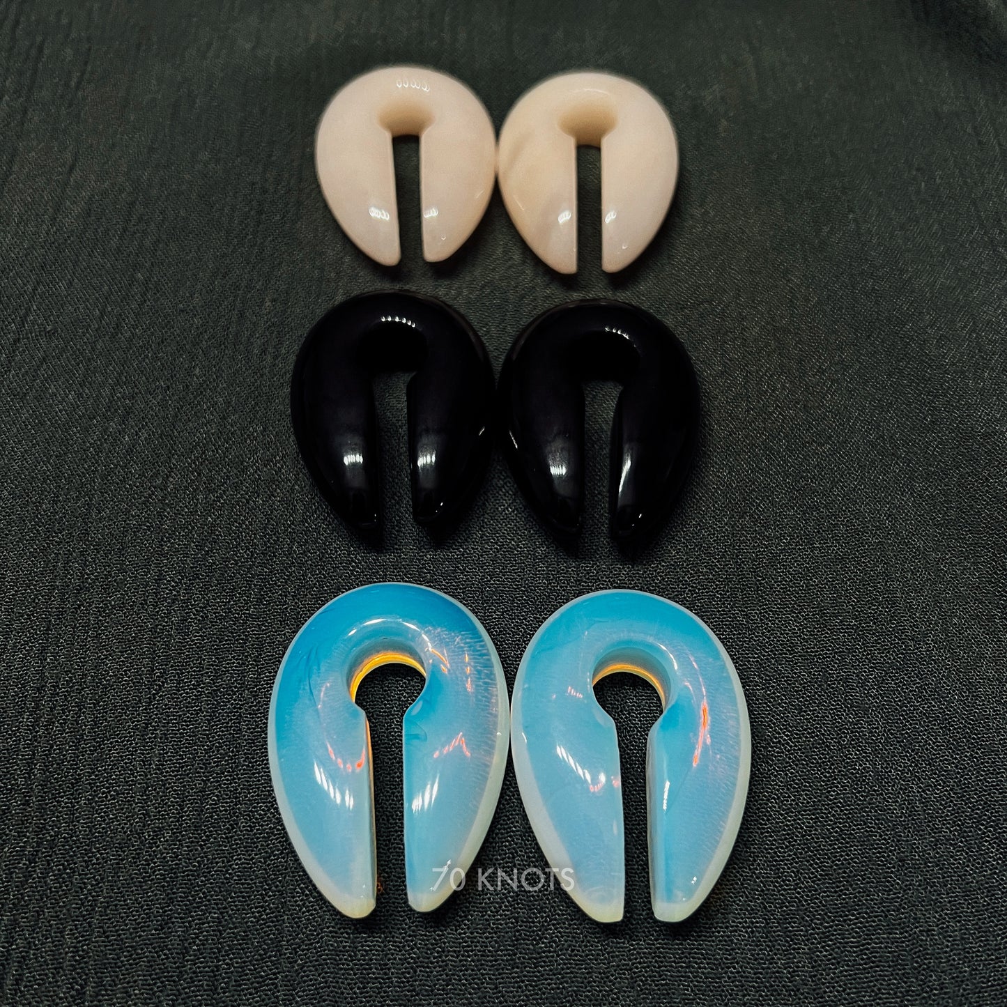 70 Knots Hangers - Black Obsidian Stone, White Jade Stone or Opalite Glass Ear Weights - One Size - 70 Knots