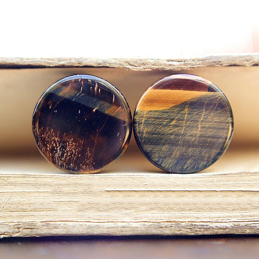 Blue Tigers Eye Double Flared Plugs, Pair - 70 Knots