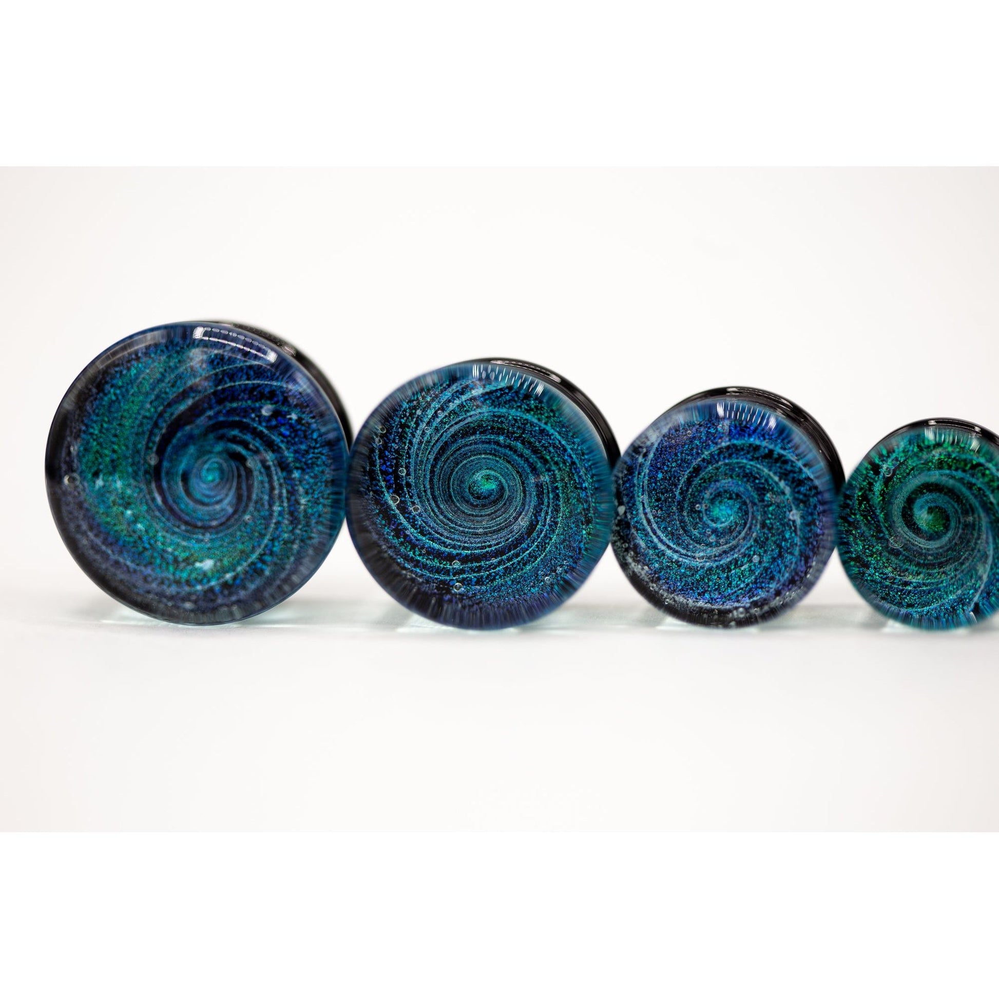 Dichroic Glass Double Flared Galaxy Plugs, Pair of Teal/Blue - 70 Knots