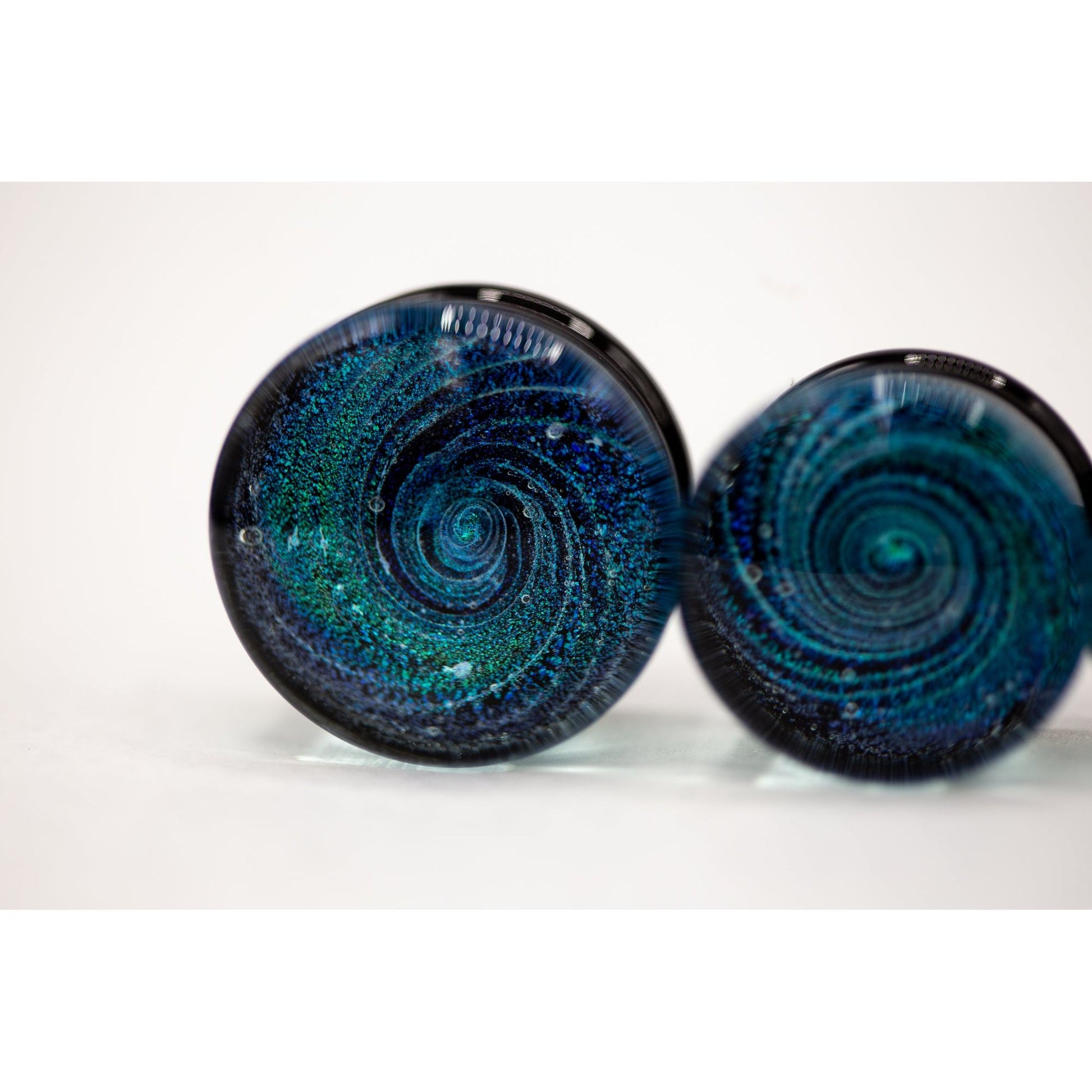 Dichroic Glass Double Flared Galaxy Plugs, Pair of Teal/Blue - 70 Knots