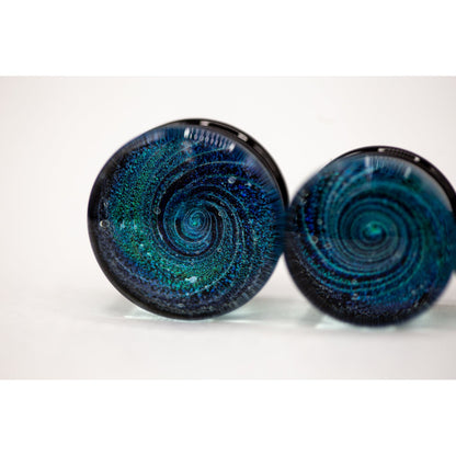 Dichroic Glass Double Flared Galaxy Plugs, Pair of Teal/Blue - 70 Knots