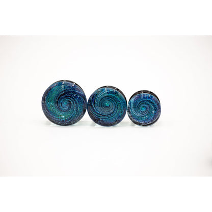 Dichroic Glass Double Flared Galaxy Plugs, Pair of Teal/Blue - 70 Knots
