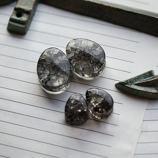 Teardrop Black Cracked Glass Double Flared Plugs, Pair - 70 Knots