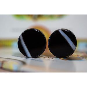 Black Striped Agate Plugs, Double Flared Pair, Organic Plugs - 70 Knots