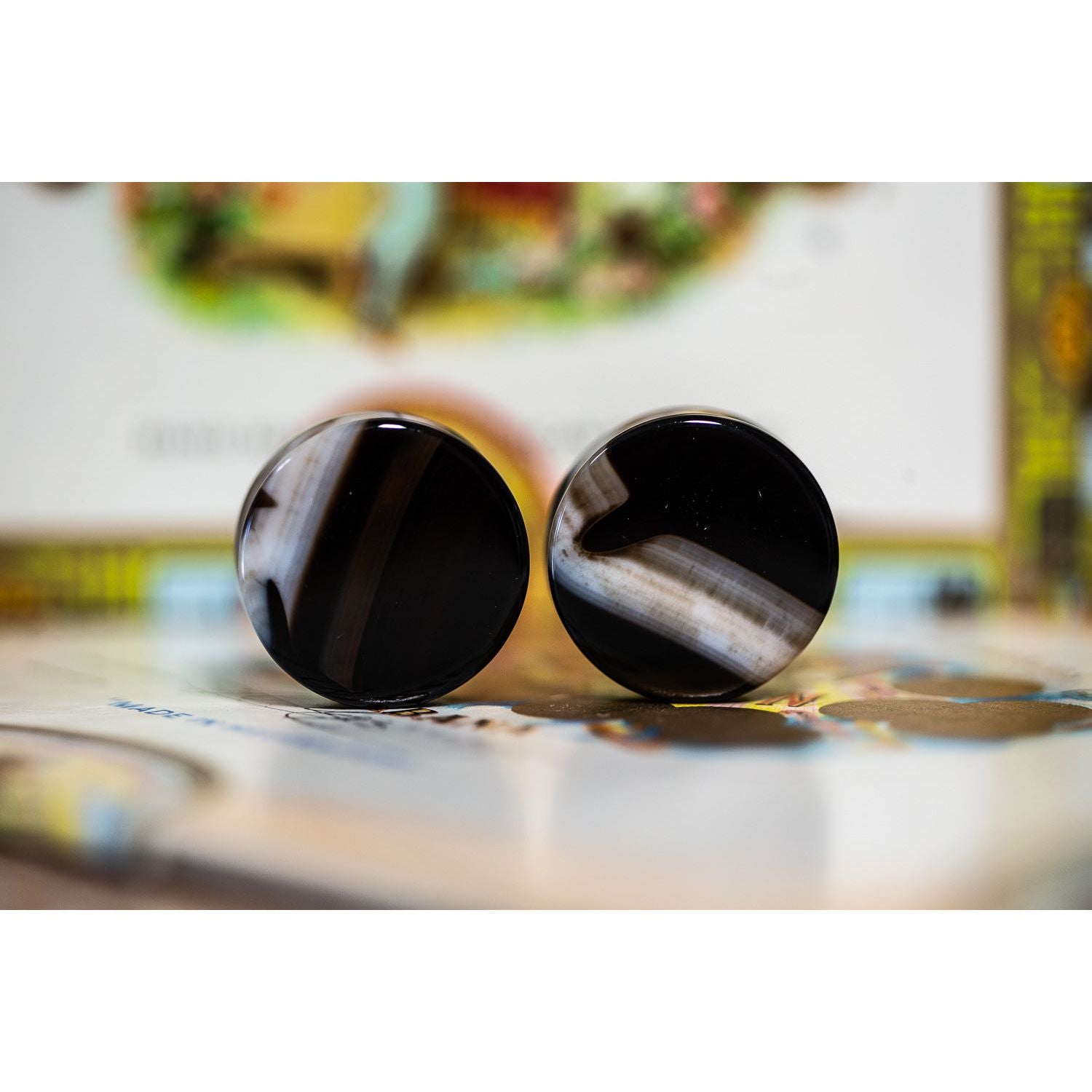 Black Striped Agate Plugs, Double Flared Pair, Organic Plugs - 70 Knots