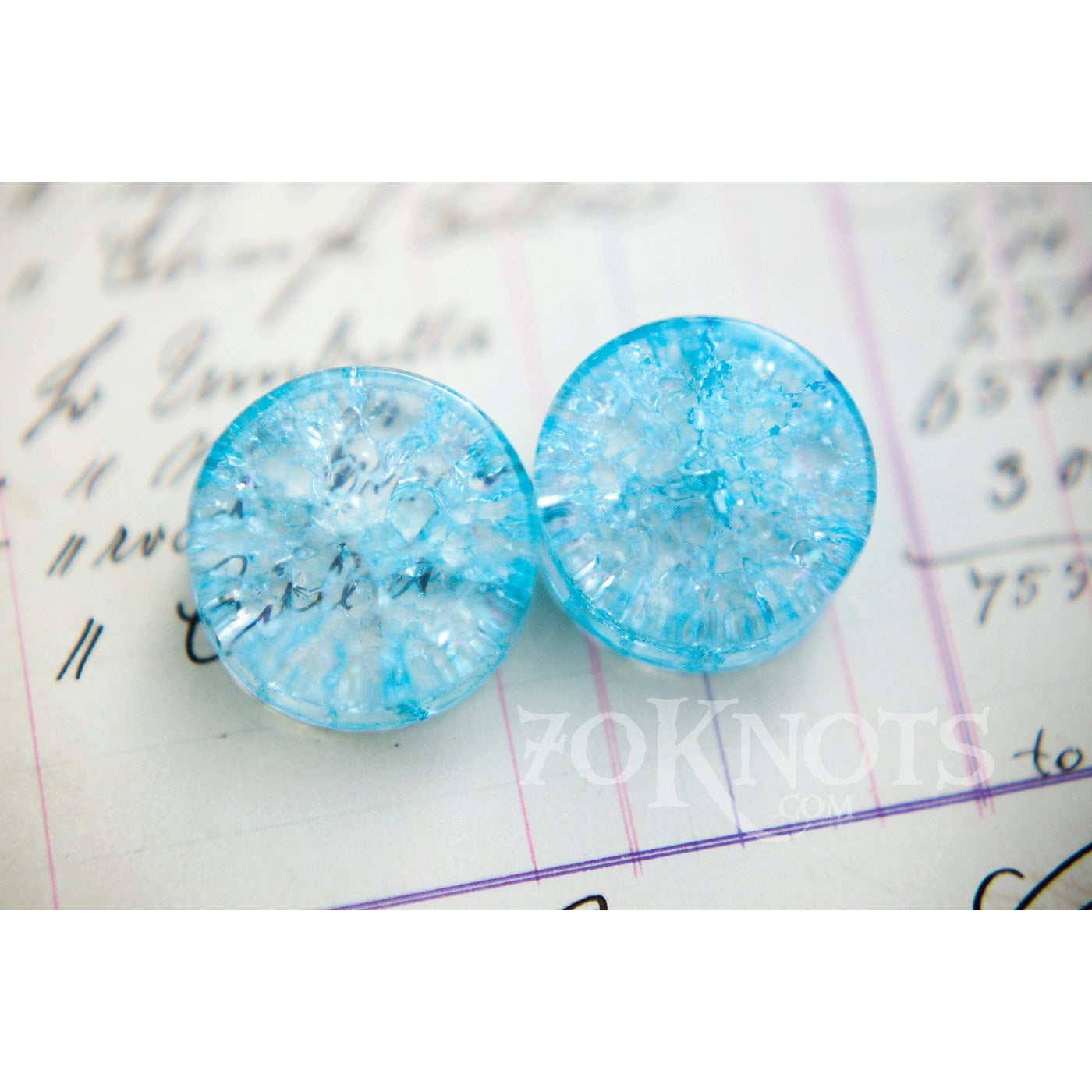 Blue Cracked Glass Double Flared Plugs, Pair - 70 Knots