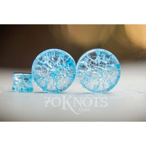 Blue Cracked Glass Double Flared Plugs, Pair - 70 Knots