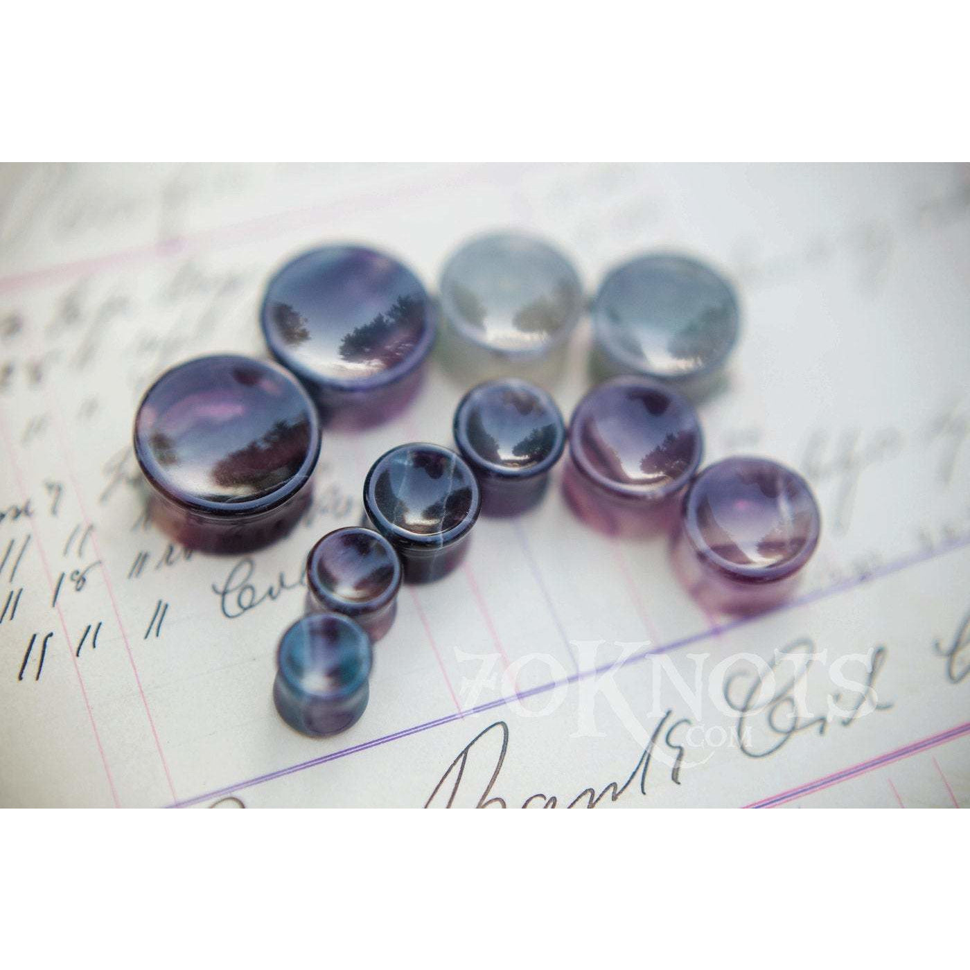 Concave Rainbow Fluorite Double Flared Plugs, Pair - 70 Knots