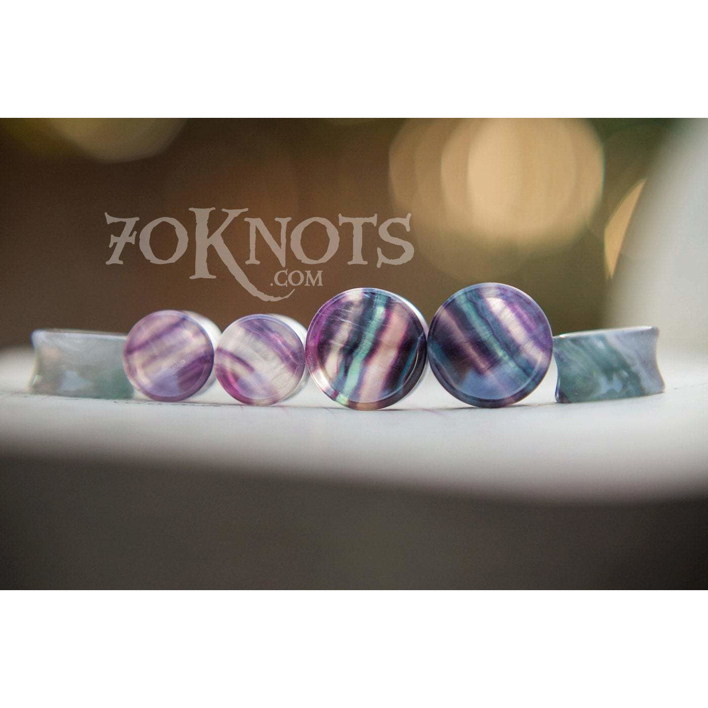 Concave Rainbow Fluorite Double Flared Plugs, Pair - 70 Knots