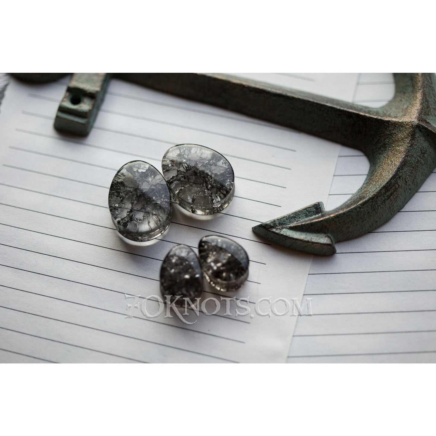 Teardrop Black Cracked Glass Double Flared Plugs, Pair - 70 Knots