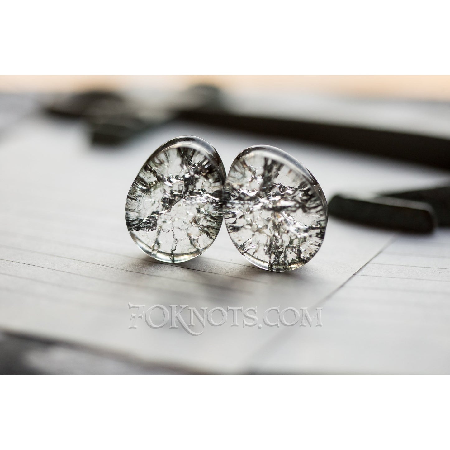 Teardrop Black Cracked Glass Double Flared Plugs, Pair - 70 Knots