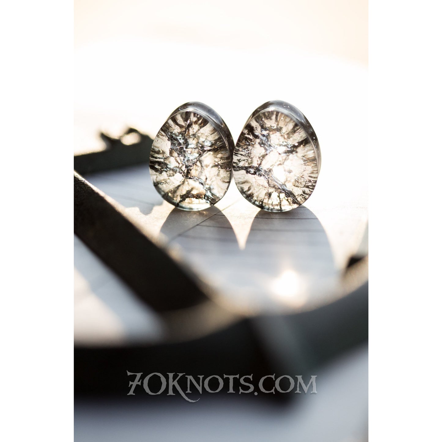 Teardrop Black Cracked Glass Double Flared Plugs, Pair - 70 Knots