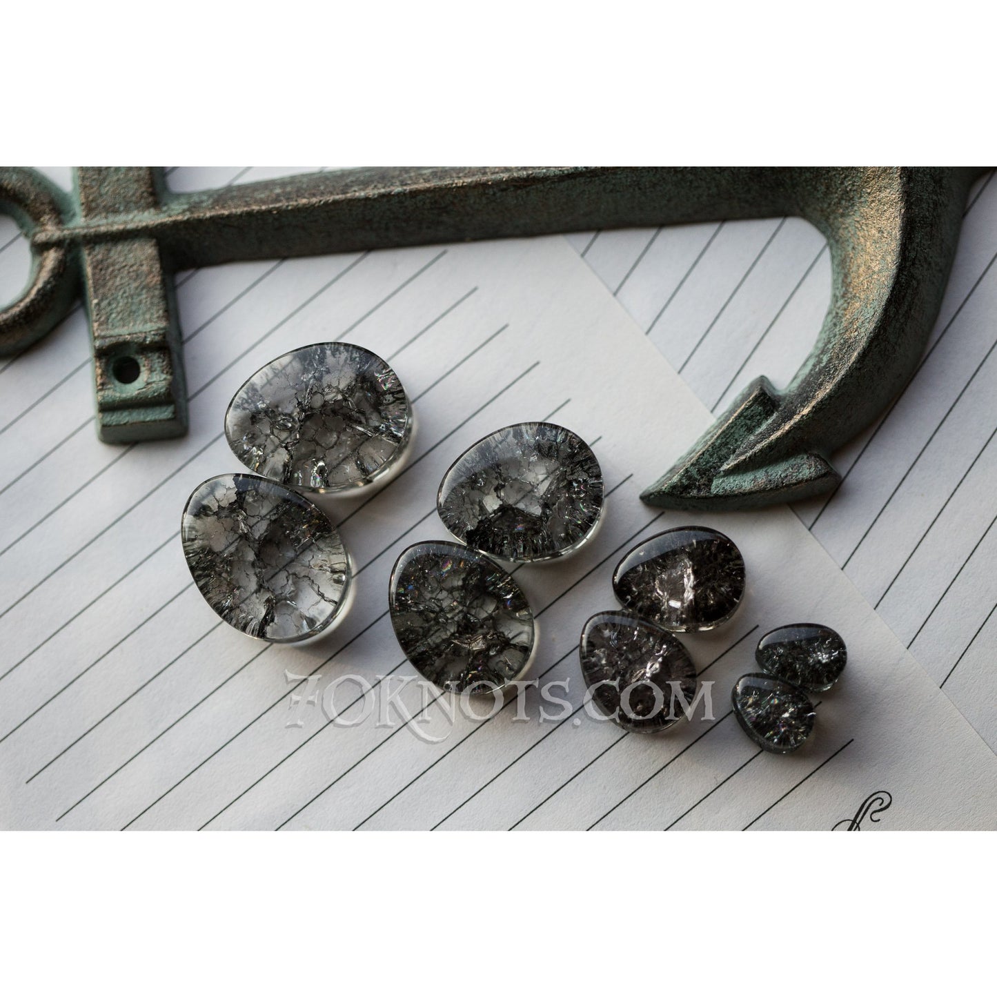 Teardrop Black Cracked Glass Double Flared Plugs, Pair - 70 Knots