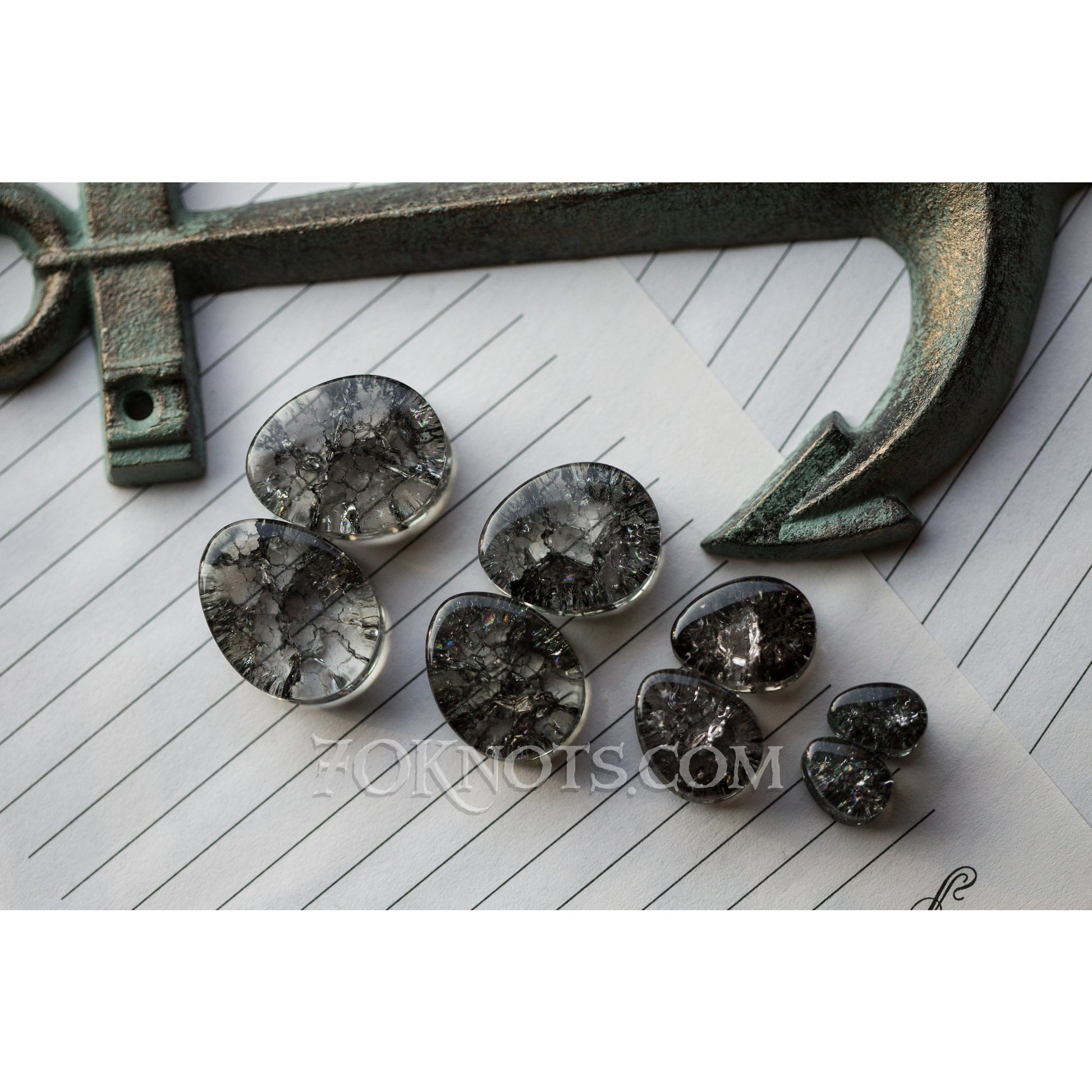 Teardrop Black Cracked Glass Double Flared Plugs, Pair - 70 Knots