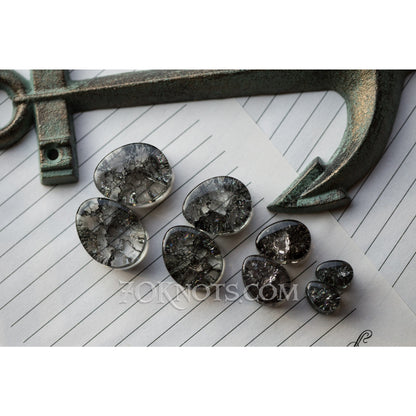 Teardrop Black Cracked Glass Double Flared Plugs, Pair - 70 Knots