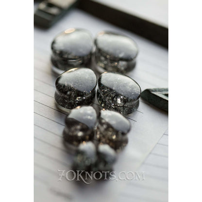 Teardrop Black Cracked Glass Double Flared Plugs, Pair - 70 Knots