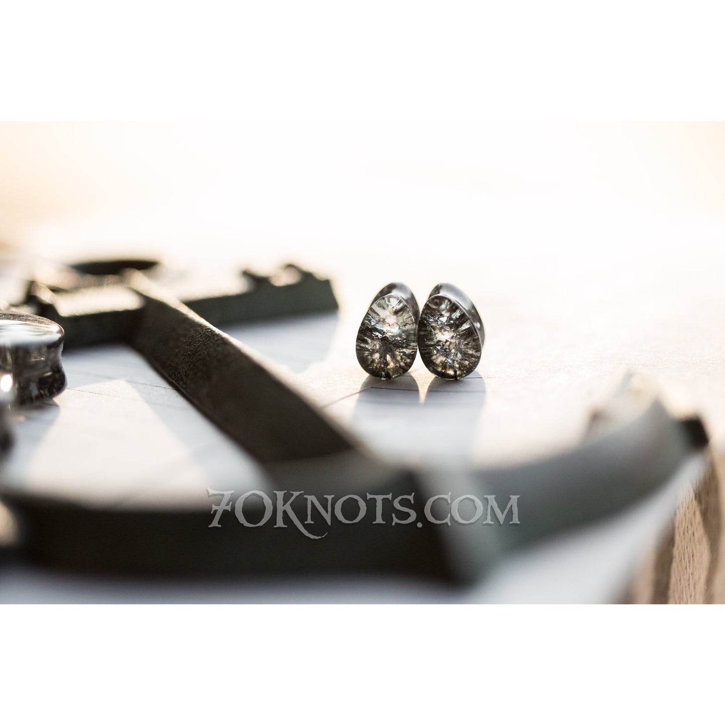Teardrop Black Cracked Glass Double Flared Plugs, Pair - 70 Knots