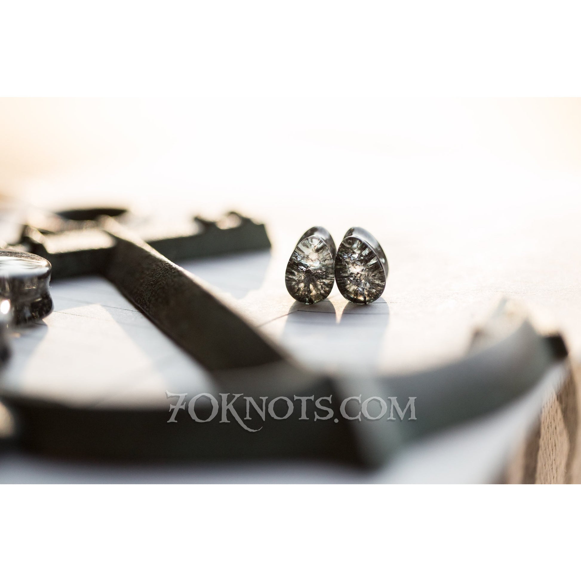 Teardrop Black Cracked Glass Double Flared Plugs, Pair - 70 Knots