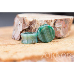 Green Striped Agate Double Flared Plugs, Pair - 70 Knots