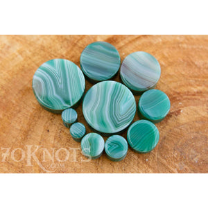 Green Striped Agate Double Flared Plugs, Pair - 70 Knots