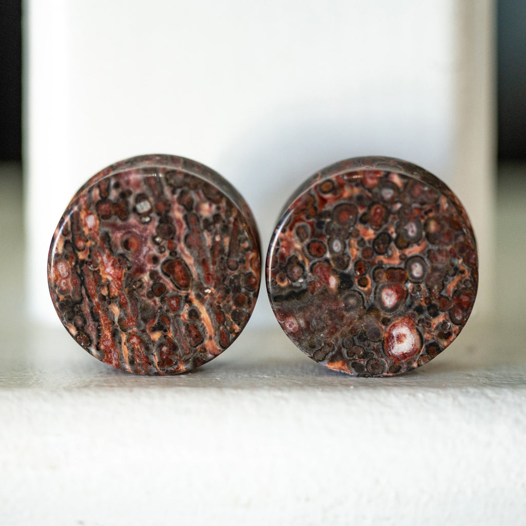 Leopard Jasper Plugs, Double Flared Pair, Organic Plugs - 70 Knots